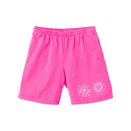 Bright pink Harry Styles All The Time shorts with white disco globe graphics and relaxed casual fit for summer wear