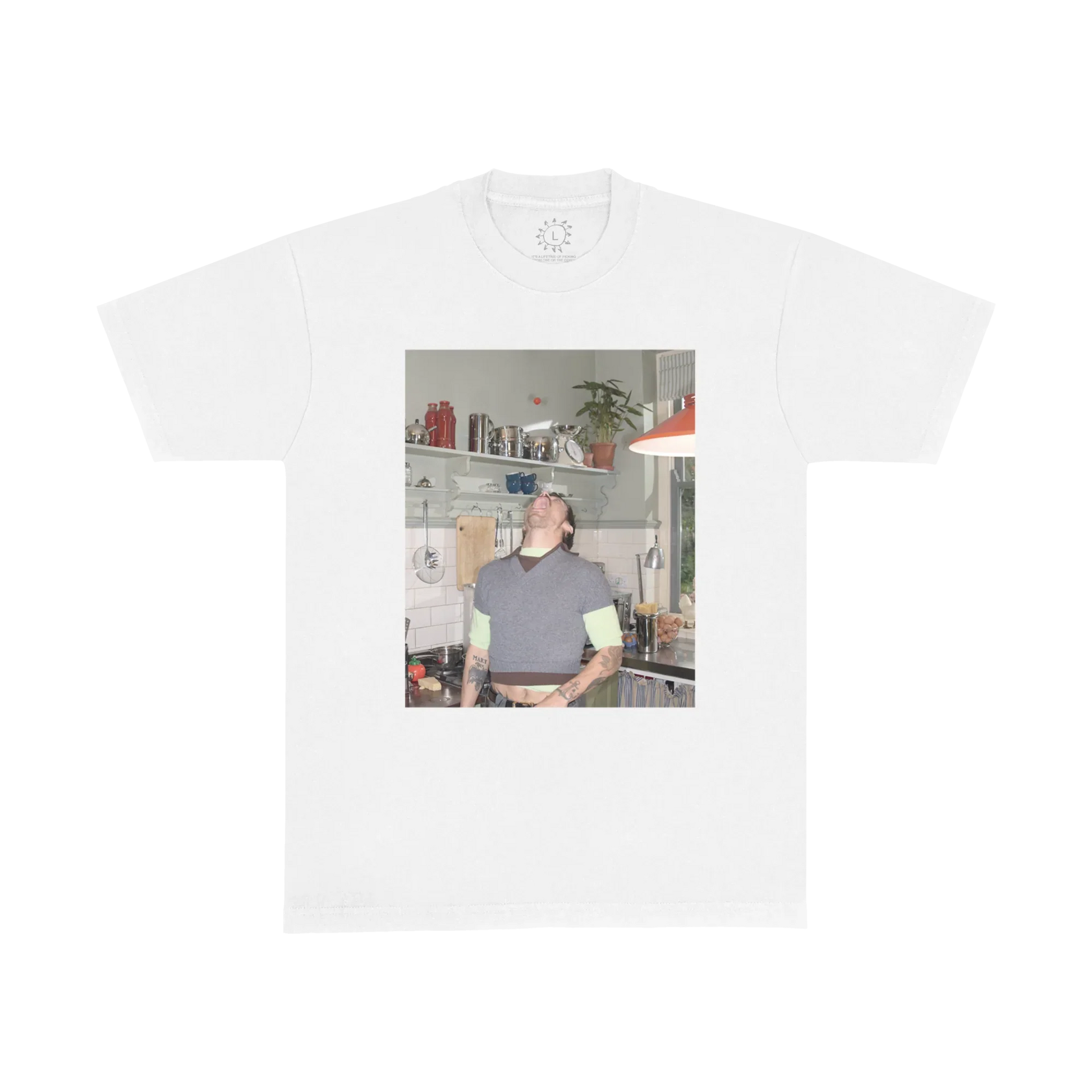 White Harry Styles t shirt featuring candid kitchen photo graphic in artistic vintage inspired front view