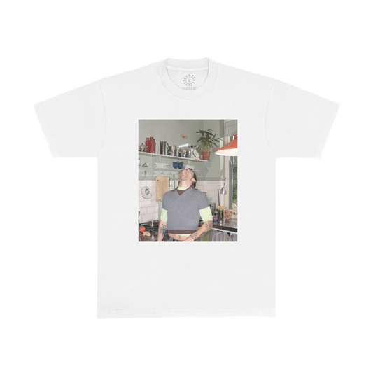 White Harry Styles t shirt featuring candid kitchen photo graphic in artistic vintage inspired front view