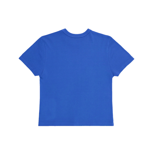 Blue Harry Styles merch baby tee with minimalist clean back design in modern vintage pop style back view