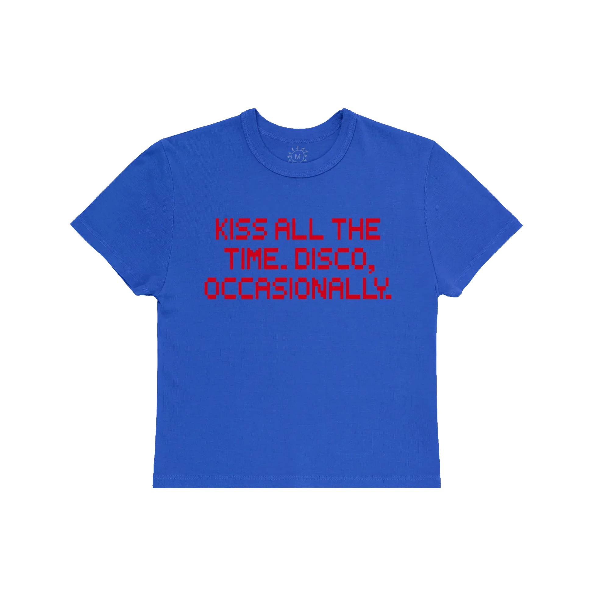 Blue Harry Styles baby tee with Kiss All The Time Disco Occasionally pixel text graphic front view