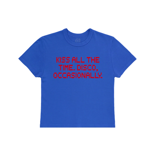 Blue Harry Styles baby tee with Kiss All The Time Disco Occasionally pixel text graphic front view