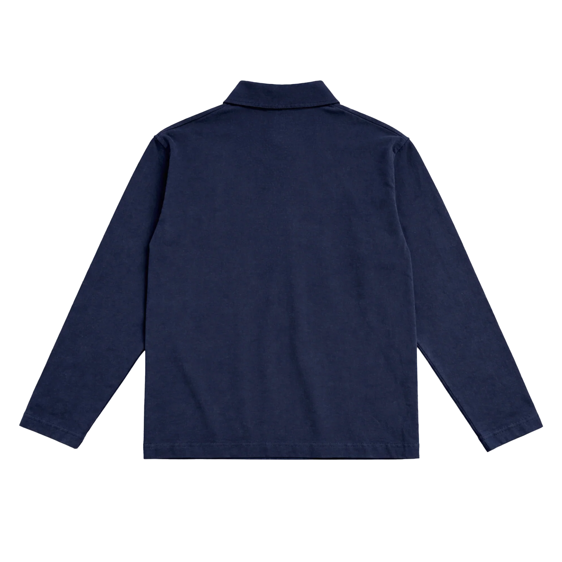 Back view of navy blue Harry Styles KATTDO embroidered rugby long sleeve shirt with clean minimal design
