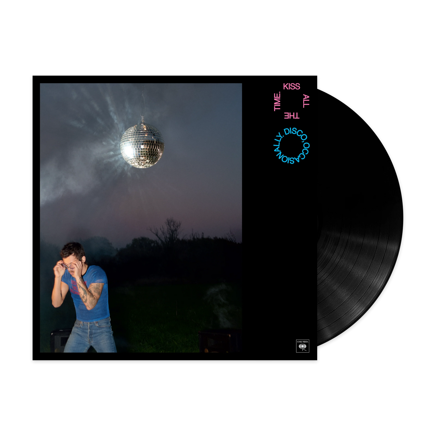 Harry Styles Kiss All The Time black vinyl album cover with disco ball artwork and retro pop aesthetic front view