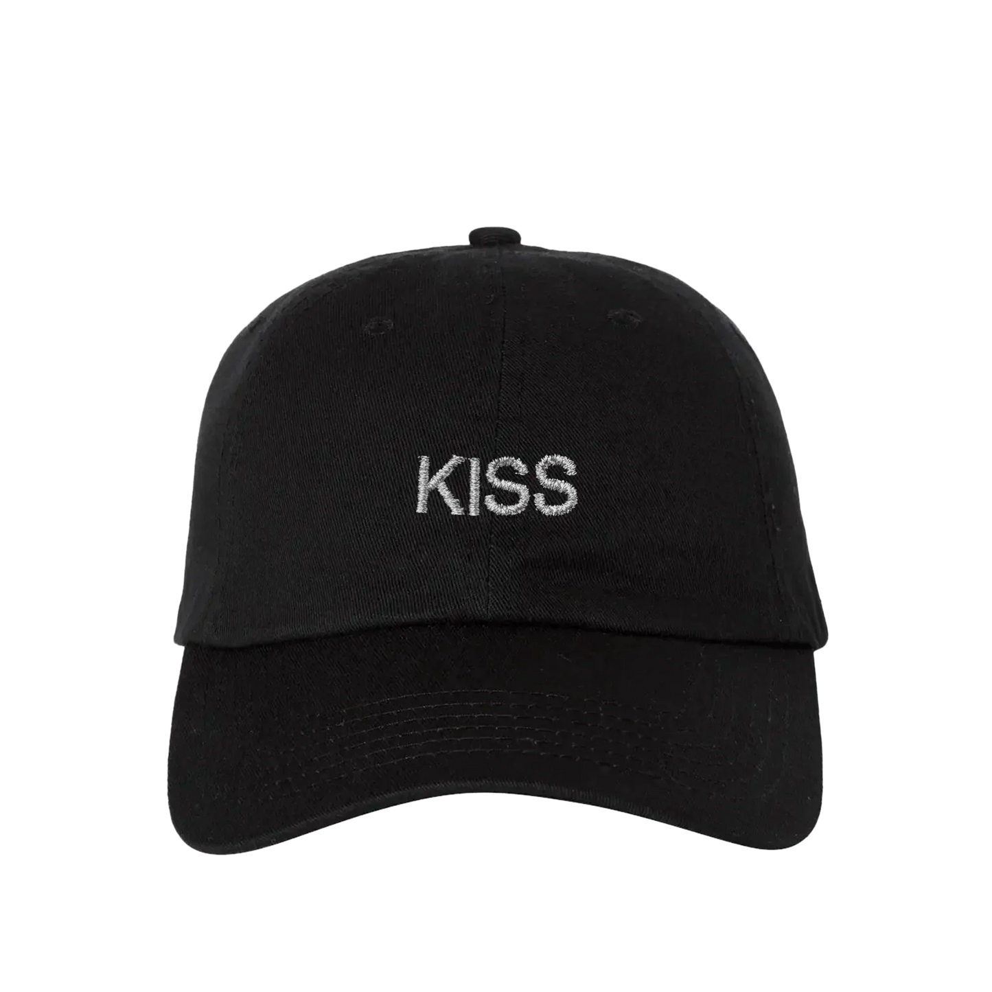Black Harry Styles KISS DISCO baseball cap with embroidered white kiss logo and adjustable strap front view