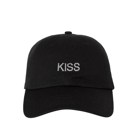 Black Harry Styles KISS DISCO baseball cap with embroidered white kiss logo and adjustable strap front view