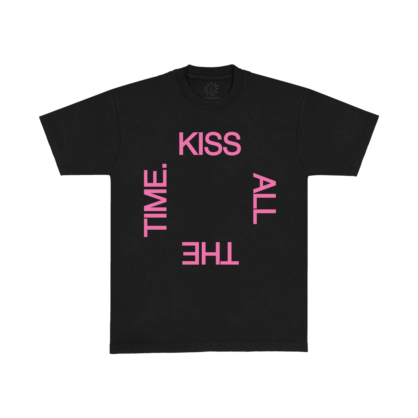 Black Harry Styles t shirt with bold Kiss All The Time typography graphic in modern pop streetwear front view