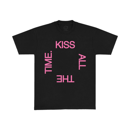 Black Harry Styles t shirt with bold Kiss All The Time typography graphic in modern pop streetwear front view