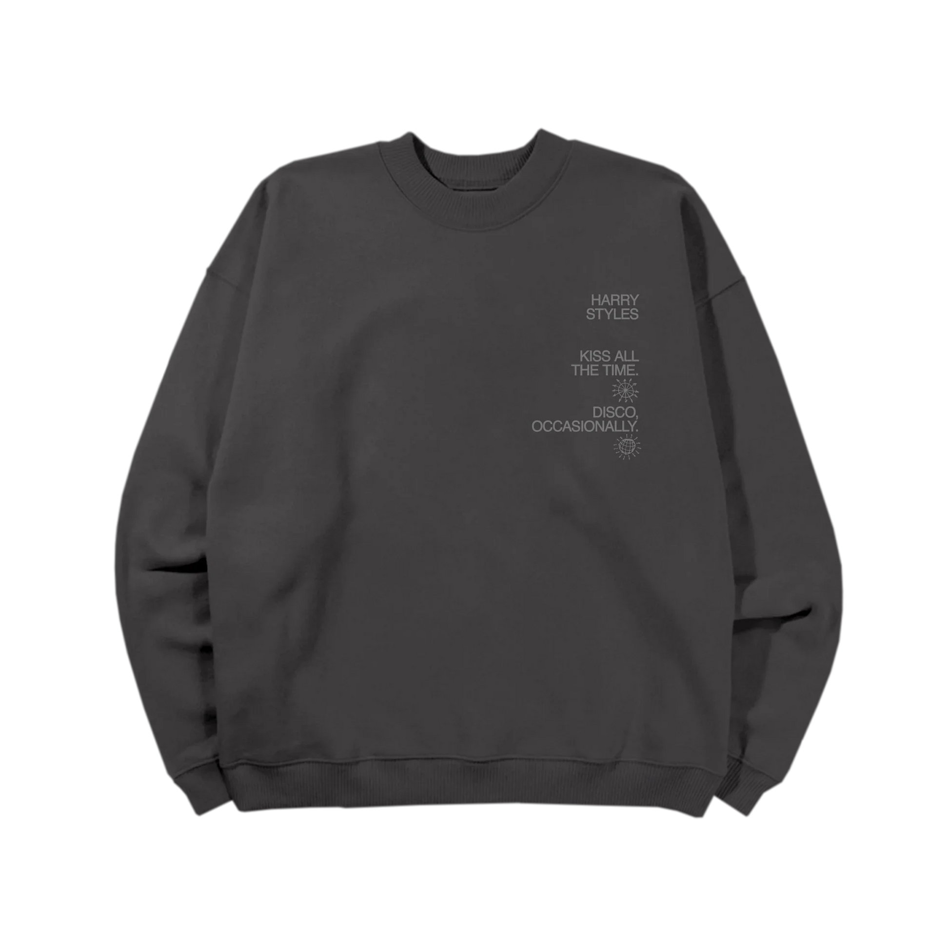 Charcoal Harry Styles crewneck with reflective Kiss All The Time Disco Occasionally graphic in luxury streetwear front view