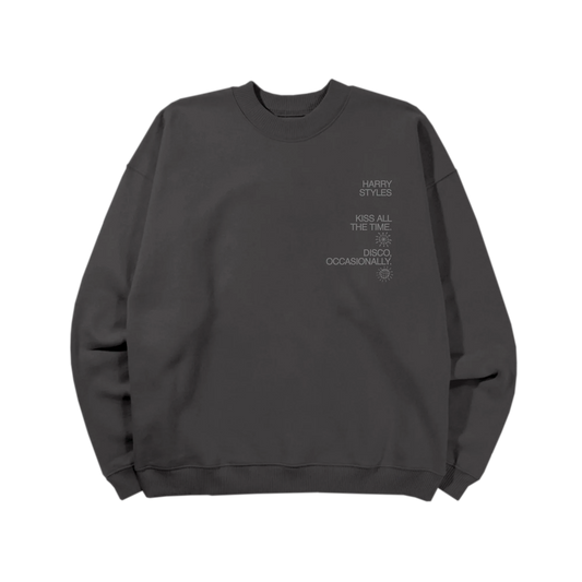 Charcoal Harry Styles crewneck with reflective Kiss All The Time Disco Occasionally graphic in luxury streetwear front view