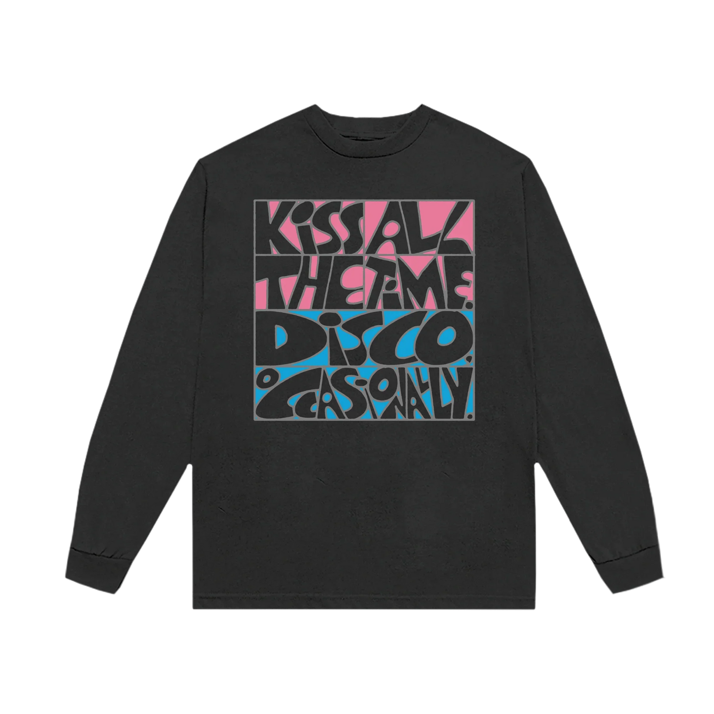 Washed black Harry Styles long sleeve tee with bold Kiss All The Time Disco Occasionally graphic front view