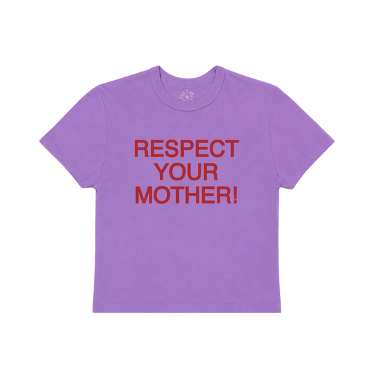 Purple Harry Styles Respect Your Mother baby tee with bold red statement text and soft fitted casual style design