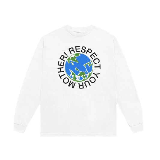 White Harry Styles Respect Your Mother long sleeve shirt with blue and green Earth graphic front view