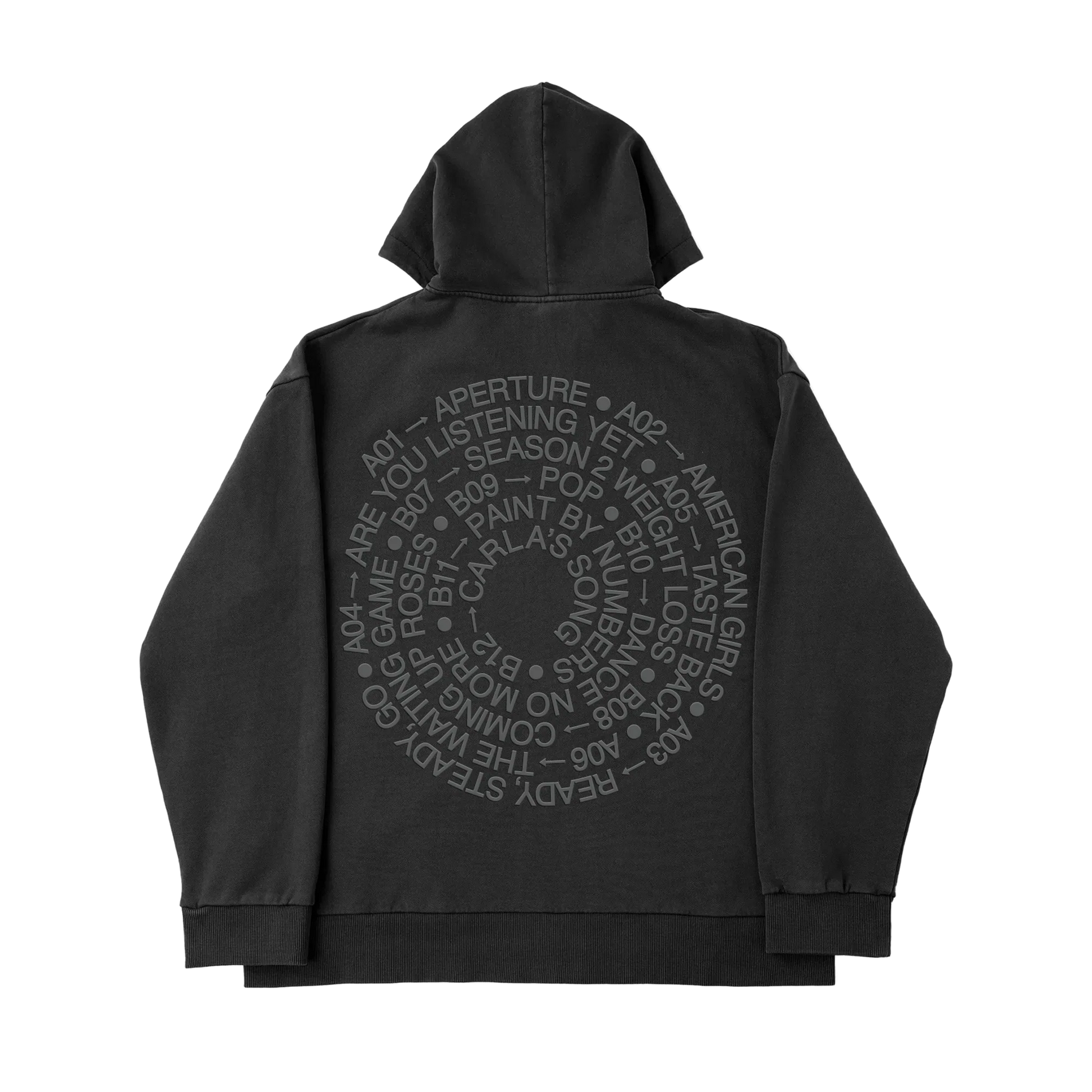 Black Harry Styles official merch zip hoodie with tonal circular tracklist artwork in premium vintage fashion back view