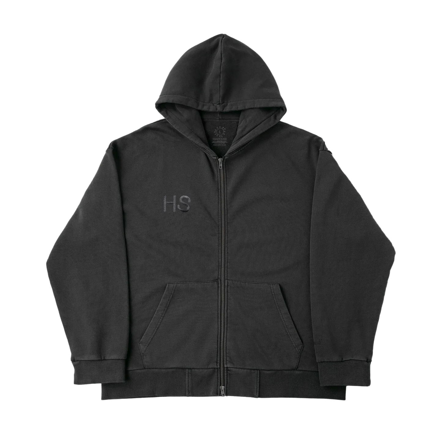Black Harry Styles zip up hoodie with subtle HS logo embroidery in luxury minimalist streetwear front view