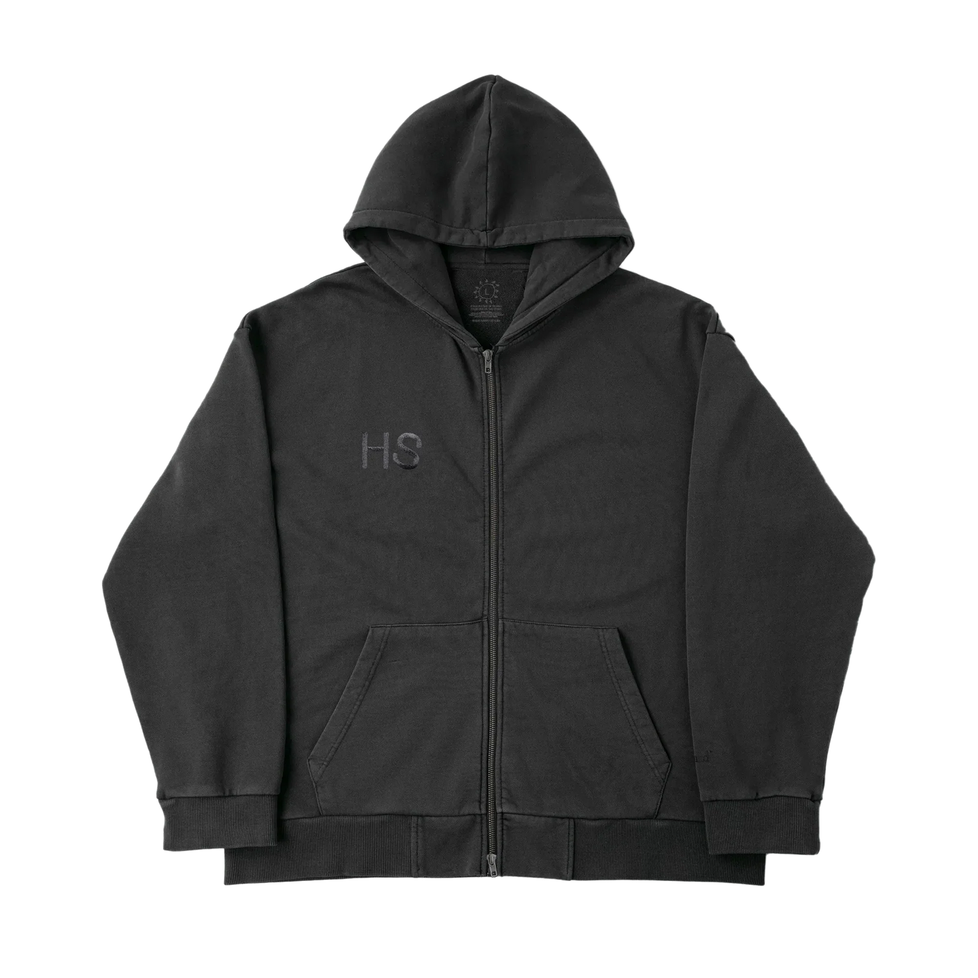 Black Harry Styles zip up hoodie with subtle HS logo embroidery in luxury minimalist streetwear front view
