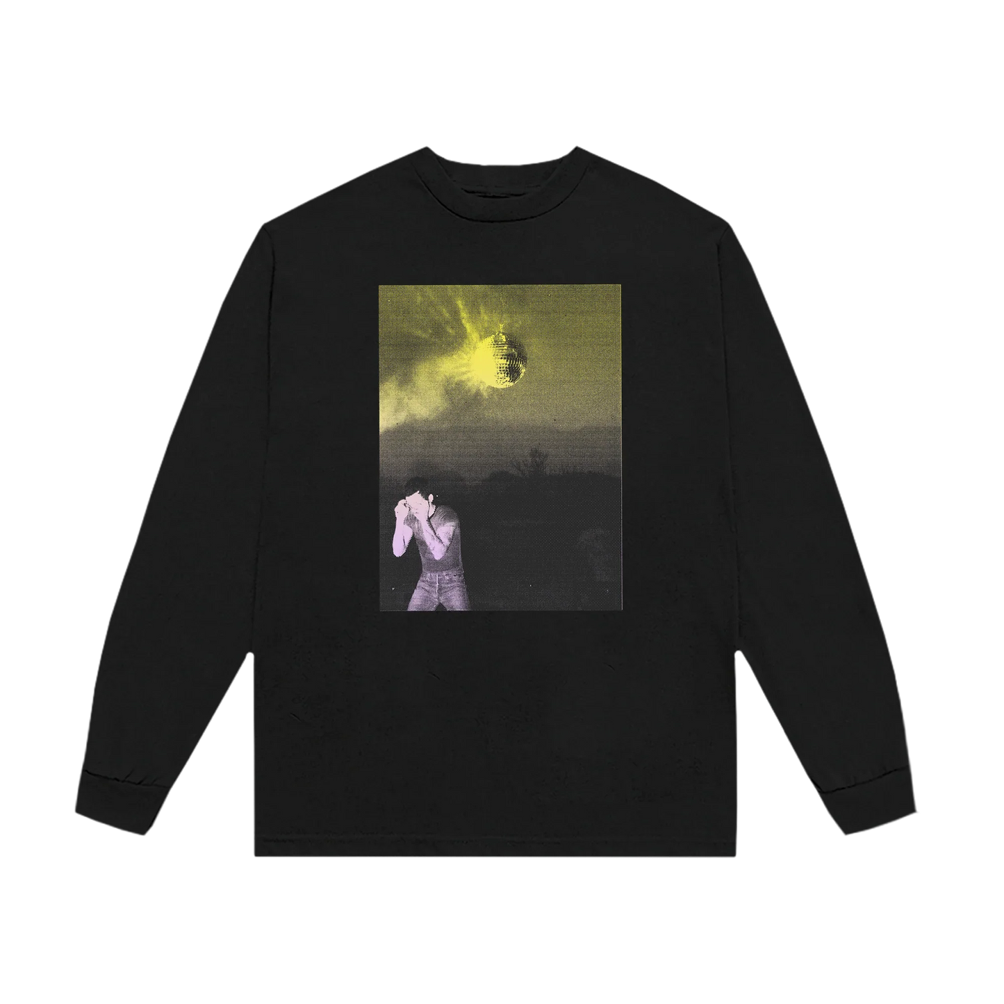 Black Harry Styles long sleeve tee with Strange Dawn disco photo graphic featuring glowing mirror ball front view