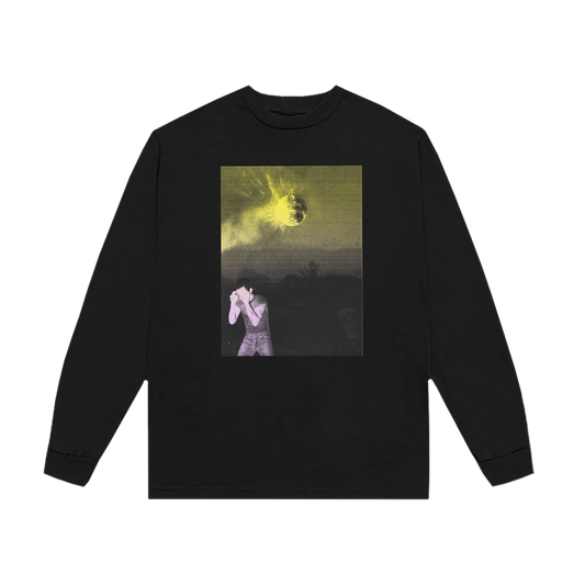 Black Harry Styles long sleeve tee with Strange Dawn disco photo graphic featuring glowing mirror ball front view